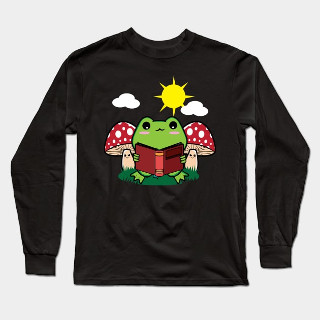 Cottagecore Aesthetic Kawaii Frog Reading Book Long Sleeve T-Shirt by Alex21